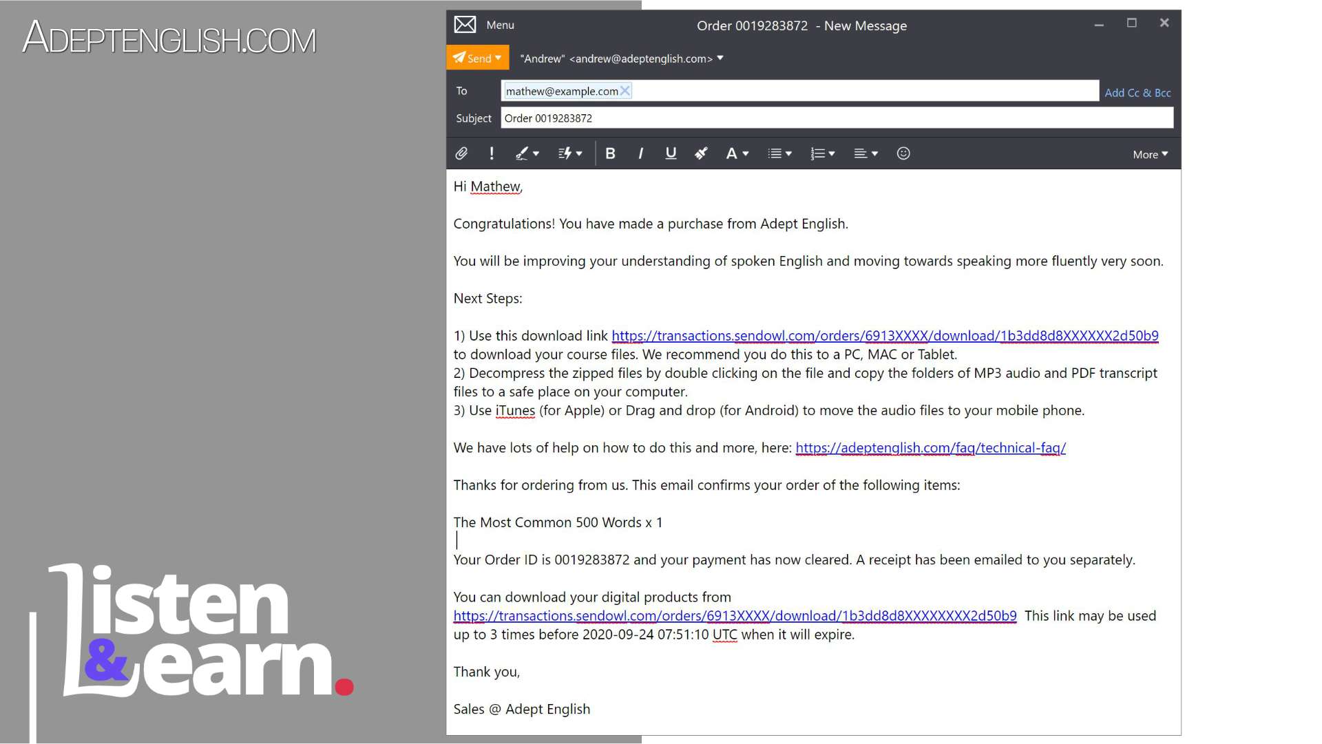 A screen shot of the Adept English purchase email with course download links.