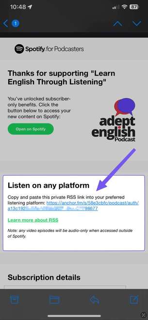 A screen shot of the Spotify paid subscription custom RSS link.