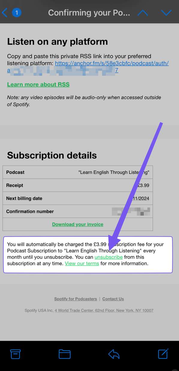 A screen shot of the Spotify un subscribe link.