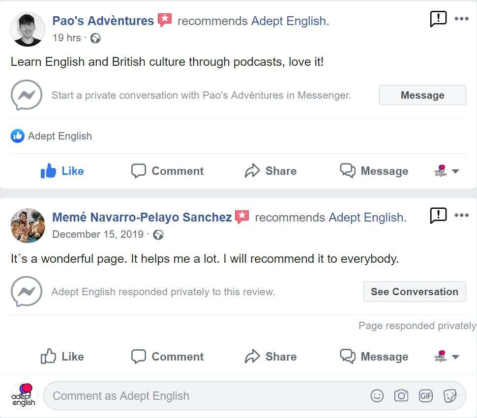 Screen shots of Adept English page reviews from people who are happy with our language courses.