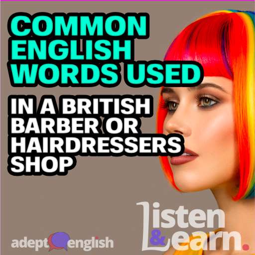 A photograph of a beautiful woman with colourful hair. English phrases and vocabulary for a British barber or hairdressers shop.