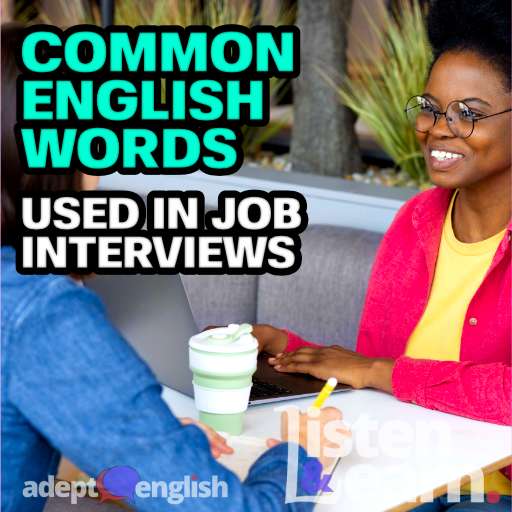 A photograph of a young and pretty African American woman in an informal interview. A podcast English lesson on phrases and words used in interviews.