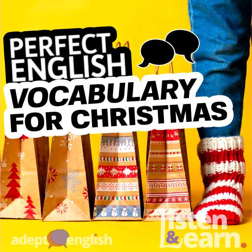 A photograph of gift bags lined up and a child's legs. Common English words that will help you share ideas and have conversations at Christmas.