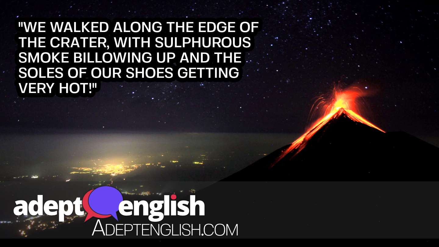 A photograph of a volcano erupting near a city at night. A hot English listening practice lesson about lava and volcanos.