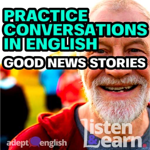 A portrait of senior man with large group of people doing exercise in nature, used to help illustrate a practice English conversation.