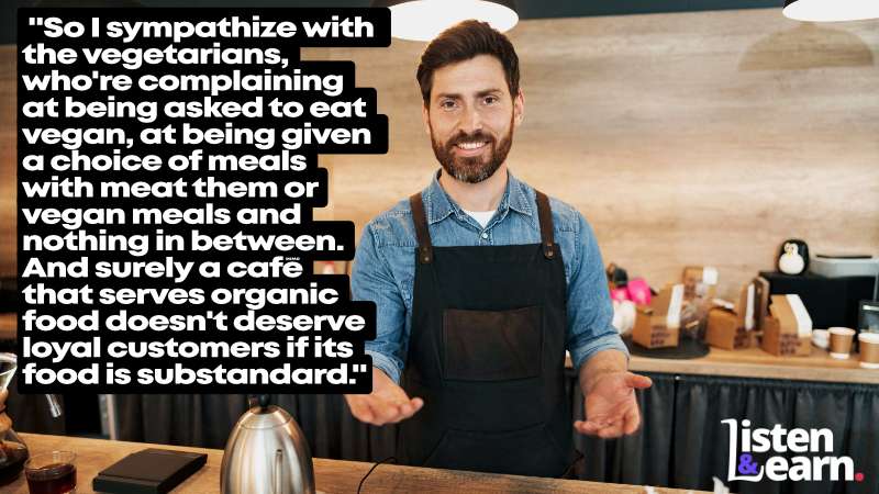 A photograph man welcoming you into his restaurant. Restaurants and takeaways in Britain need to start catering for vegetarians and vegans if they are to be successful.