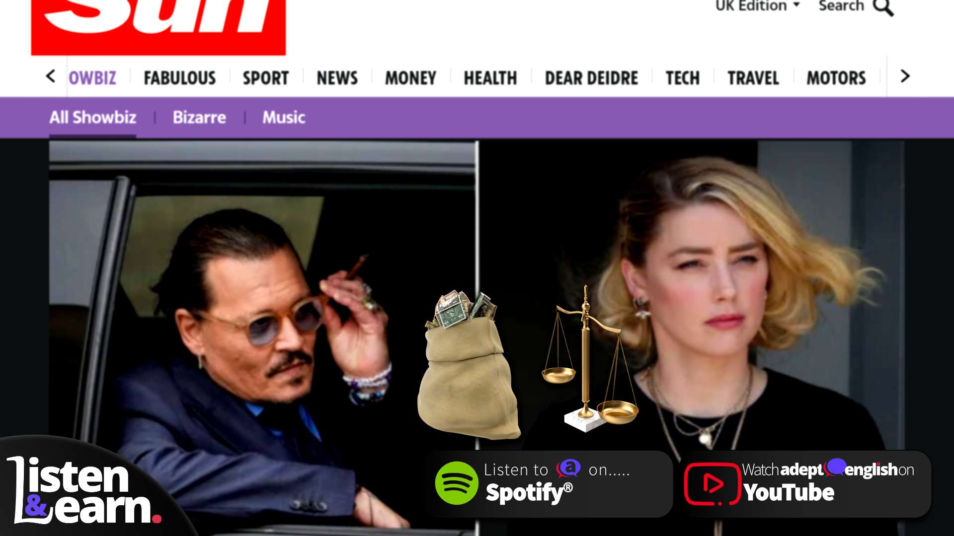 A screenshot of the British Sun newspaper reporting on the Johnny Depp vs Amber Heard trial. Start improving your conversations skills today by listening in on our English conversation lessons.