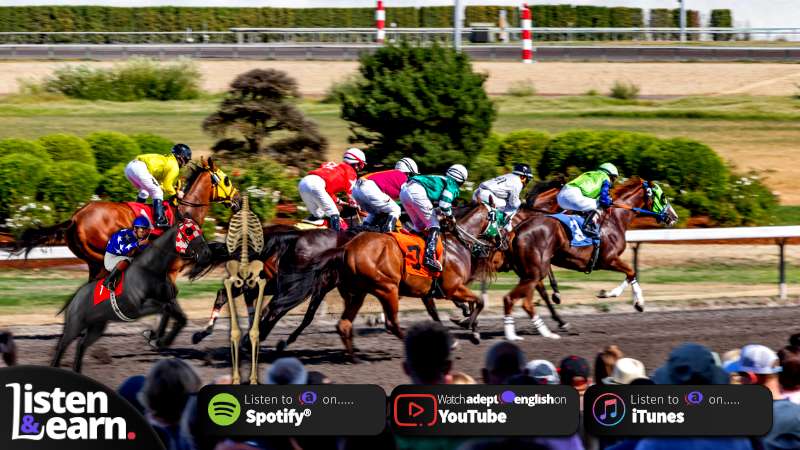A photograph of a horse race with colourful jockey shirts. Today we’ll listen to a recording of a very strong English accent, one you might have trouble understanding. We’ll help you improve your ability to understand this accent.