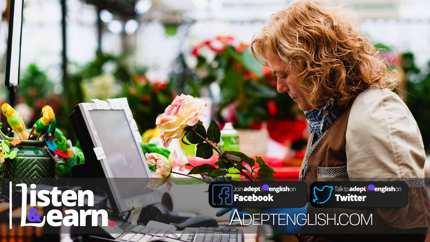 A photograph of a professional small business florist, used to help explain English business vocabulary.
