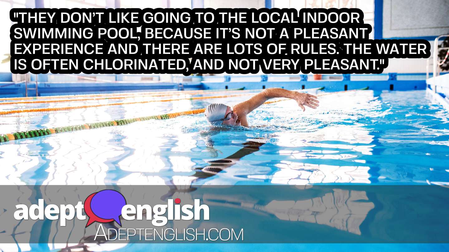 A photograph of a man swimming in a traditional swimming pool. The English conversation lesson mentions how some swimmers in the UK don't like swimming traditional pools.