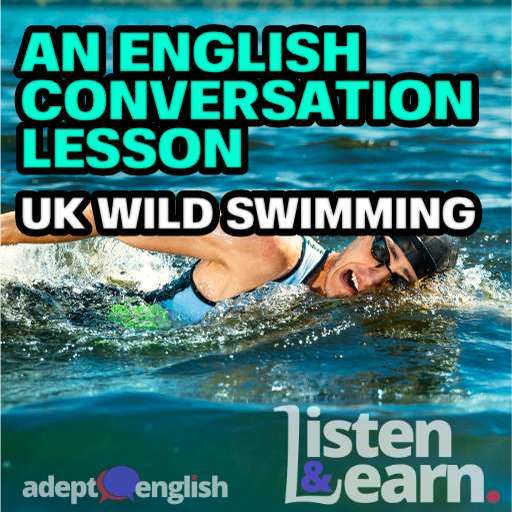A photograph of a man swimming in the sea used to highlight the popularity of wild swimming in the UK. This English conversation lessons topic was wild swimming.