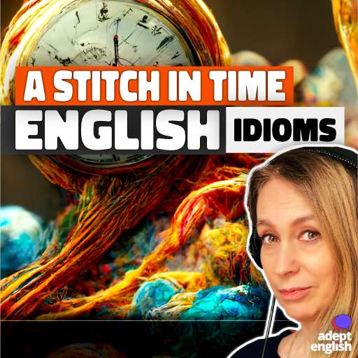 Digital art, showing an old fashioned pocket watch on top of a pile of colourful yarn. An English idiom all about spending a little time to save a lot of time.
