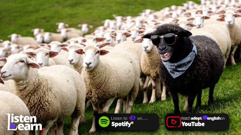 A black sheep wearing dark sunglasses and a bandanna amongst a lot of plain white sheep on a green grassy slope. Speak confidently by learning everyday British idioms.