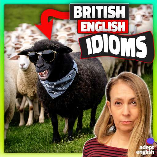 A black sheep wearing dark sunglasses and a bandanna amongst a lot of plain white sheep on a green grassy slope. Speak confidently by learning everyday British idioms.