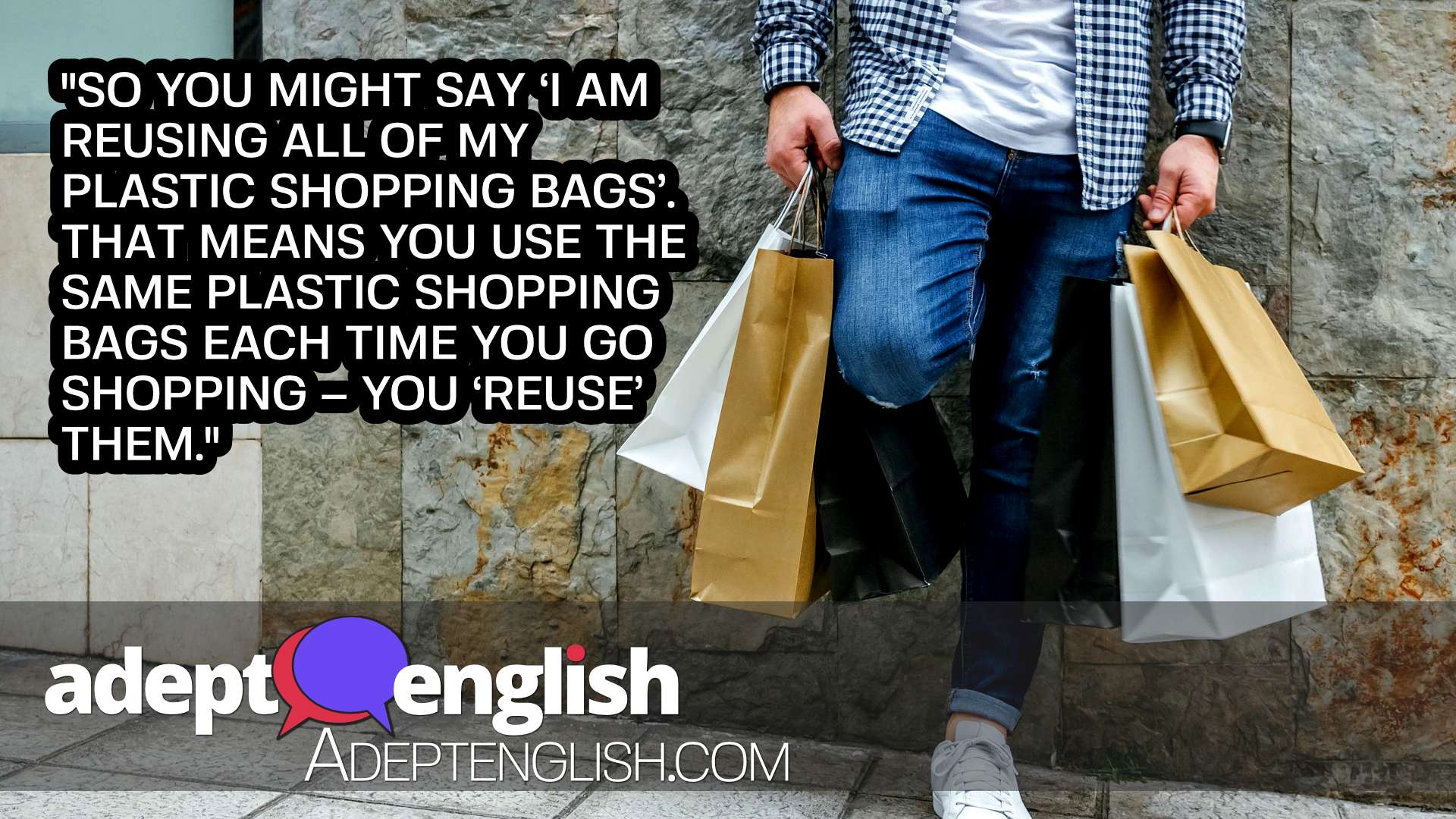A photograph of a young man with shopping bags. An example of the English prefix re in this case someone reusing shopping bags.