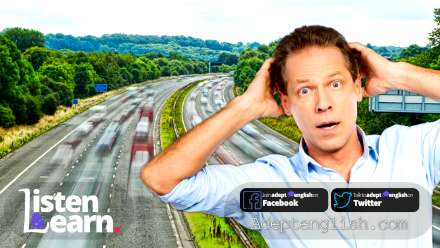 A busy UK Motorway with a man and a surprised face. We will teach you the fundamentals of learning English grammar. It’s time to talk about Exclamations!