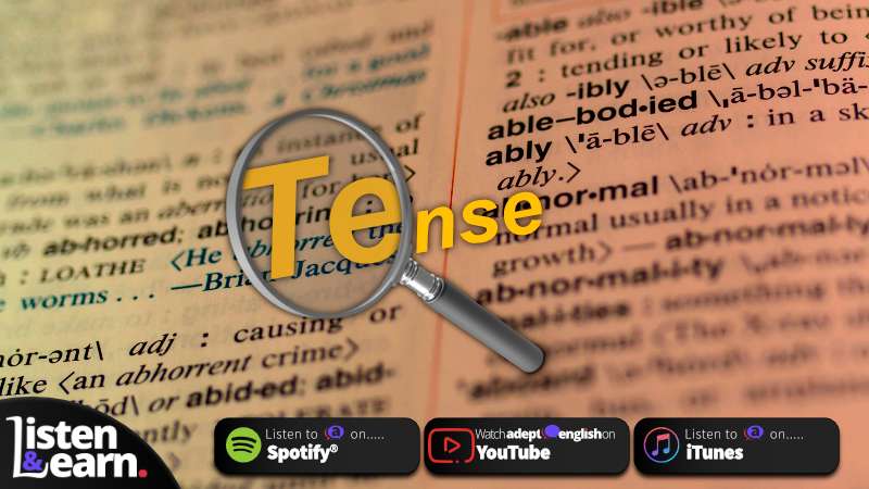 A zoomed in photo of an English dictionary. This English grammar podcast lesson on present tense is perfect for English language learners of all levels, providing simple explanations and easy-to-follow exercises.