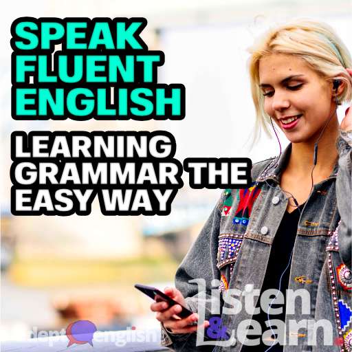 A young woman listening to the Adept English podcast in an urban background. Learning English grammar the easy way.