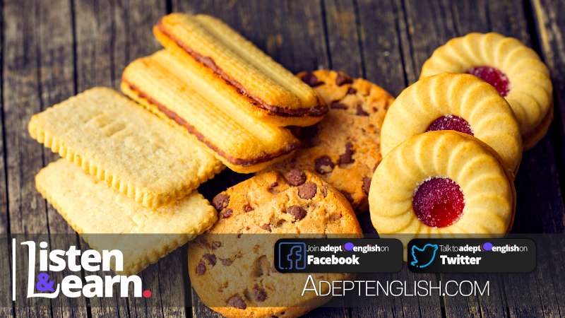 A photograph of various sweet biscuits popular in the UK and the US. In todays English lesson the topic is British biscuits while we practice our English listening skills.