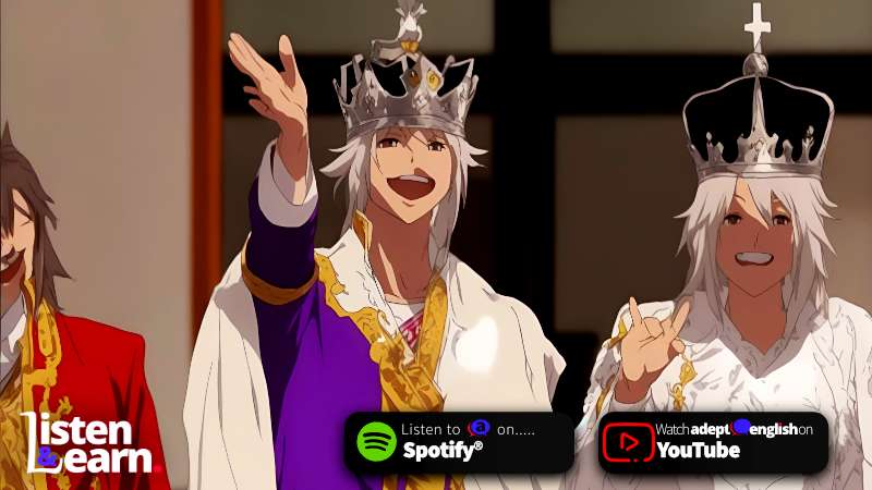 An anime version of the British Kings balcony wave 2023. Discover the British monarchy in 2023 while enhancing your English listening skills!