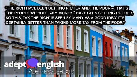 A photograph of colourful houses in Notting Hill, UK all valued at more than £1 million. As we discuss taxes in the UK in this English listening lesson.