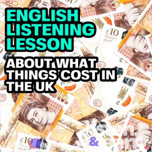A photograph of British 10 pound notes in a big pile. This English listening mp3 lesson is all about what things cost in the UK.