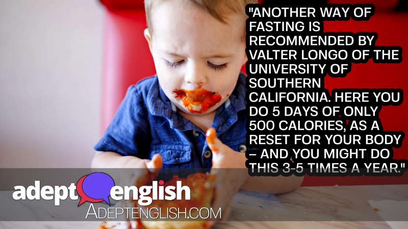 A photograph of a boy eating a sugary donut which will have far more than 500 calories. Our English listening practice is on intermittent fasting today.