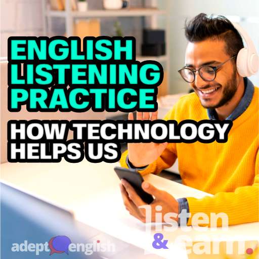 A photograph of a young man using video conferencing at a desk, used to help explain how technology has helped us in our English listening practice.
