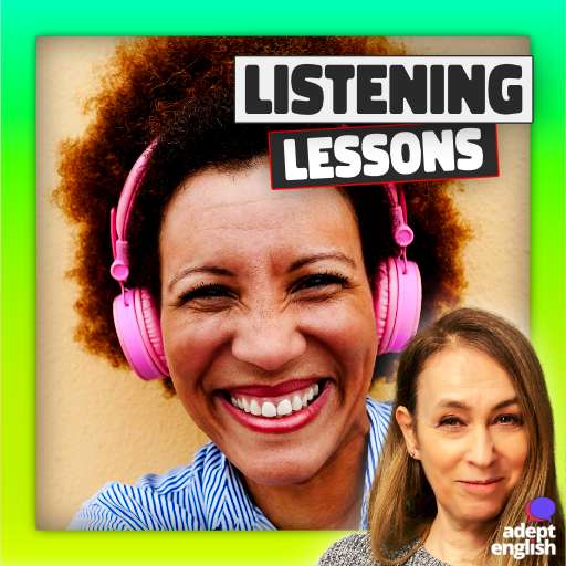 A happy English language learner listening to Adept English. Transform your English skills - Listen, learn, and gain confidence with native British speakers!
