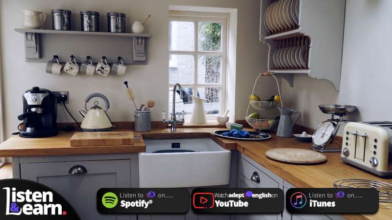 A photo of a typical British kitchen. Learn to speak British English with this breakfast vocabulary podcast. Expand your vocabulary and make communication easy with this fun and educational podcast!