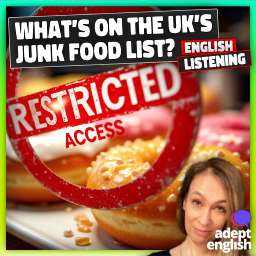 A woman holds a green smoothie and a traditional meat pie. The dilemma of junk food. Boost your English skills while exploring British war on unhealthy eating habits.