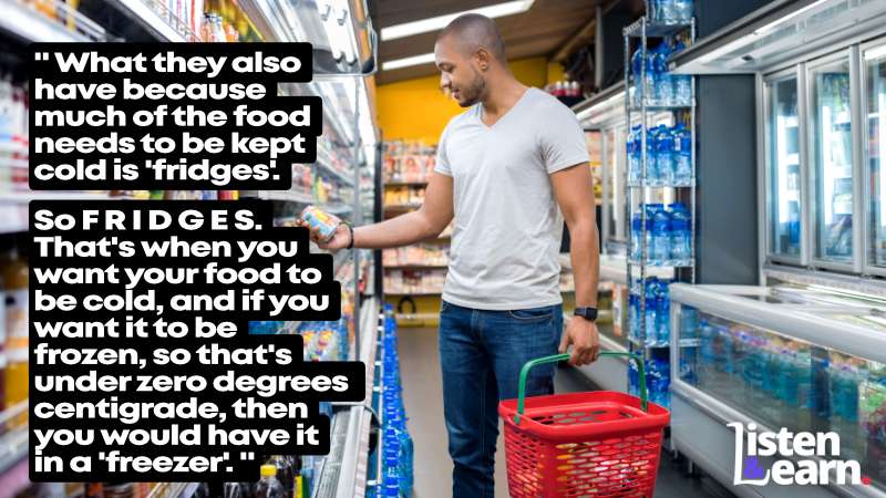 A photo of a man in a supermarket holding a shopping basket. An IELTS English listening practice lesson which identifies and explains the English phrases and vocabulary used in a British supermarket.