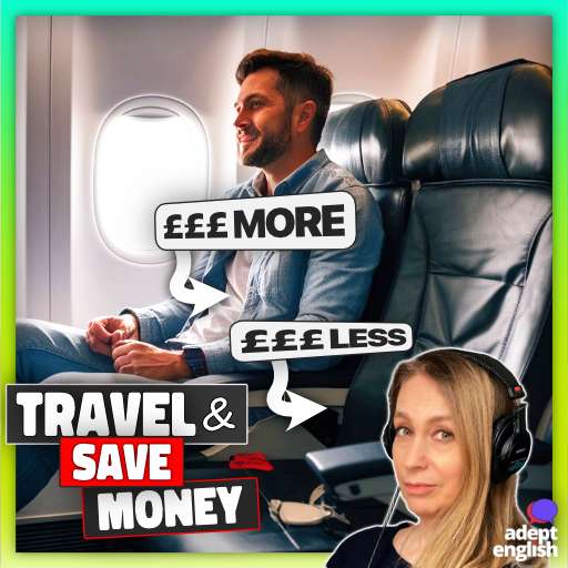 Two airplane seats one occupied the other empty. Learn key words for booking flights, saving money, and choosing seats.