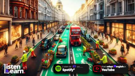 A vibrant, busy London street being transformed into a bike-friendly path. Listen and learn for smoother English speaking.