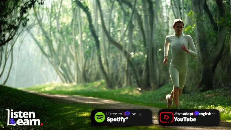 A woman in green running outfit running along a lovely nature path. Explore how running can transform your mind and English language skills.