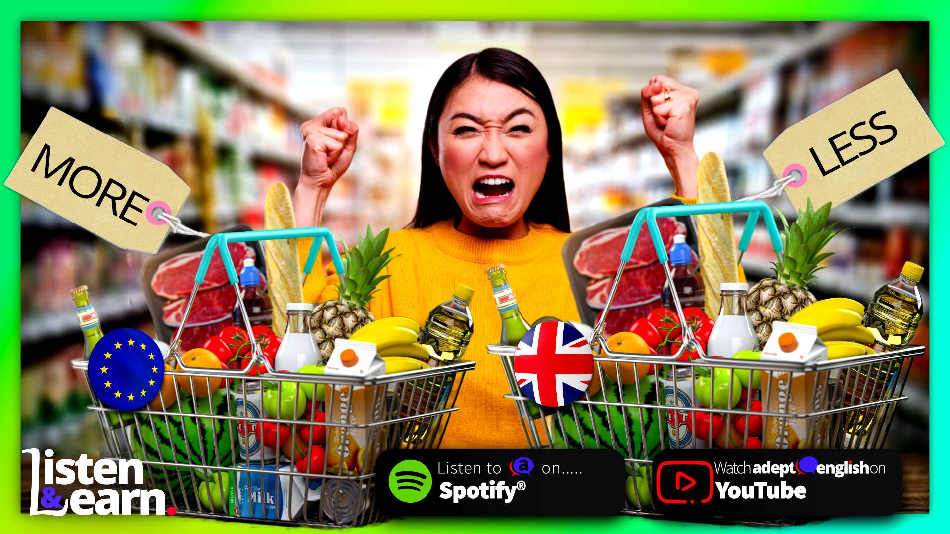 An angry food shopper in front of two baskets of food that cost more in one country. Dive into Europe's Economy! Boost your English and explore the economic landscape.