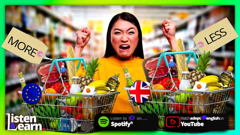 An angry food shopper in front of two baskets of food that cost more in one country. Dive into Europe's Economy! Boost your English and explore the economic landscape.