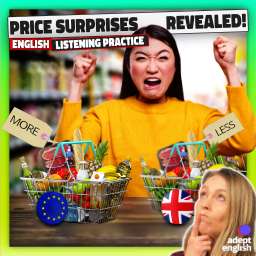 An angry food shopper in front of two baskets of food that cost more in one country. Dive into Europe's Economy! Boost your English and explore the economic landscape.