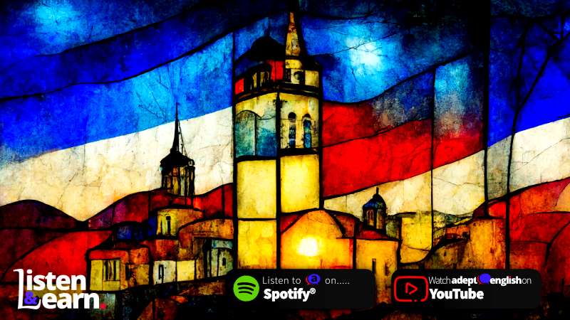 A digital art stain glass window of a village in the south of France. No Excuses Practice Your English Listening Skills