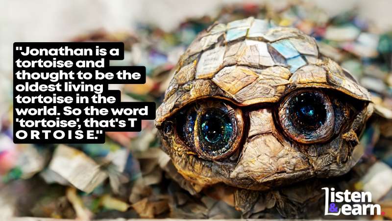 Digital art of a cute tortoise with large eyes. In this English listening practice lesson, we discover scientists are learning a lot about how animals live longer. And what that means for humans ageing.