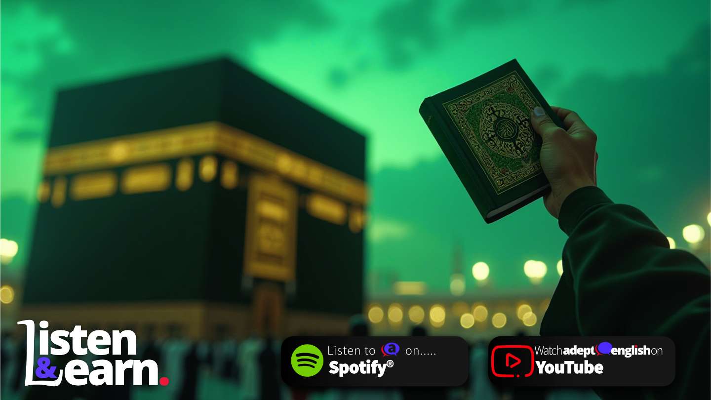 An AI image of a prayer book held up at mecca. Understand Islamic culture and traditions while improving your English listening skills.