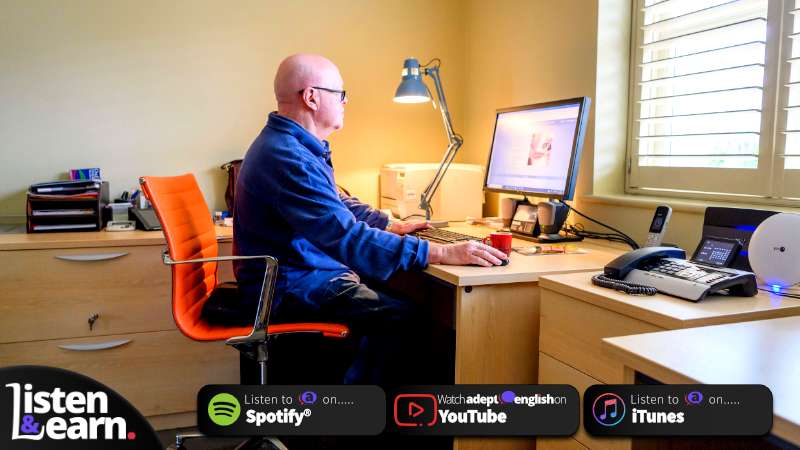 A man sitting at a desk working from home. Today’s English listening practice is all about the way we work, and how it has changed for millions of people over the last two years.