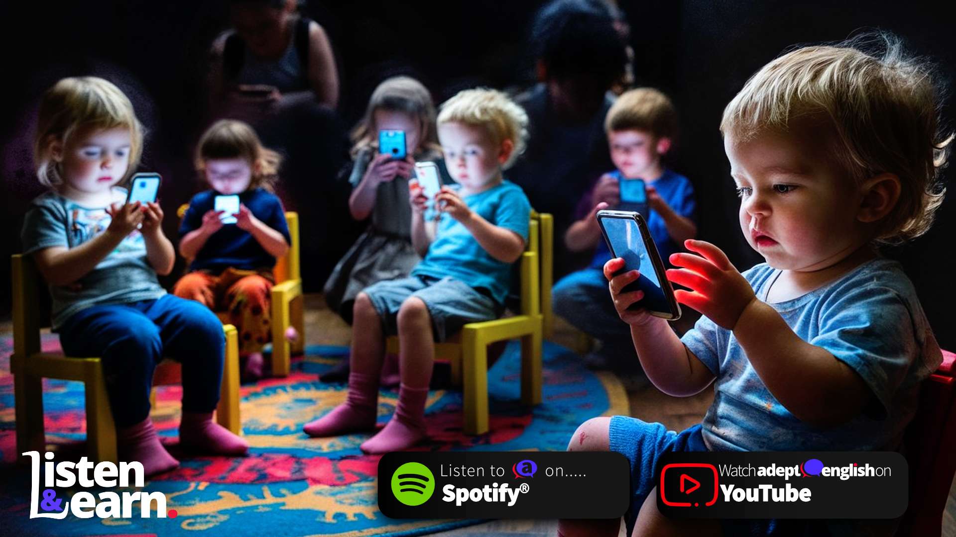 AI generated image of young children lit by the glow of the smartphones they are using. Improve your English with real-life topics you care about.