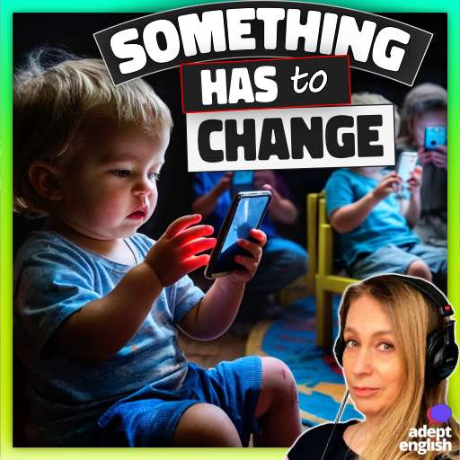 AI generated image of young children lit by the glow of the smartphones they are using. Improve your English with real-life topics you care about.