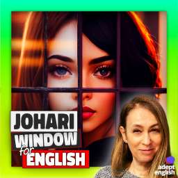 An AI image of a woman looking through the Johari window and being self aware. Improve your English while exploring psychology! Join our fun Adept English lesson today and boost your language skills.