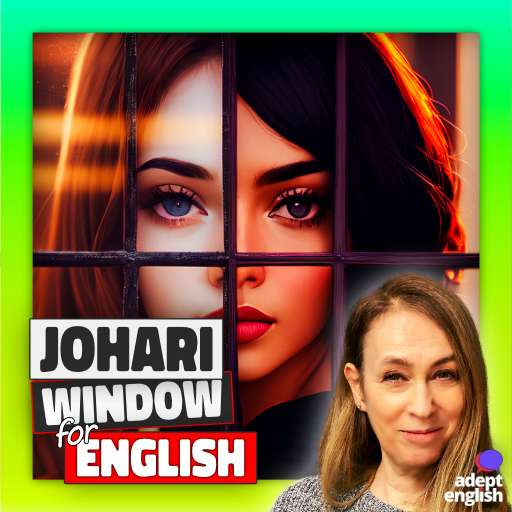 An AI image of a woman looking through the Johari window and being self aware. Improve your English while exploring psychology! Join our fun Adept English lesson today and boost your language skills.