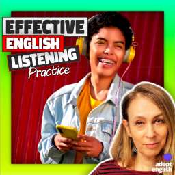 A photo of a lady learning a new language by listening. Ready to speak fluent English? Don't let language barriers hold you back. Join thousands of learners improving their skills with our podcast. Subscribe now!