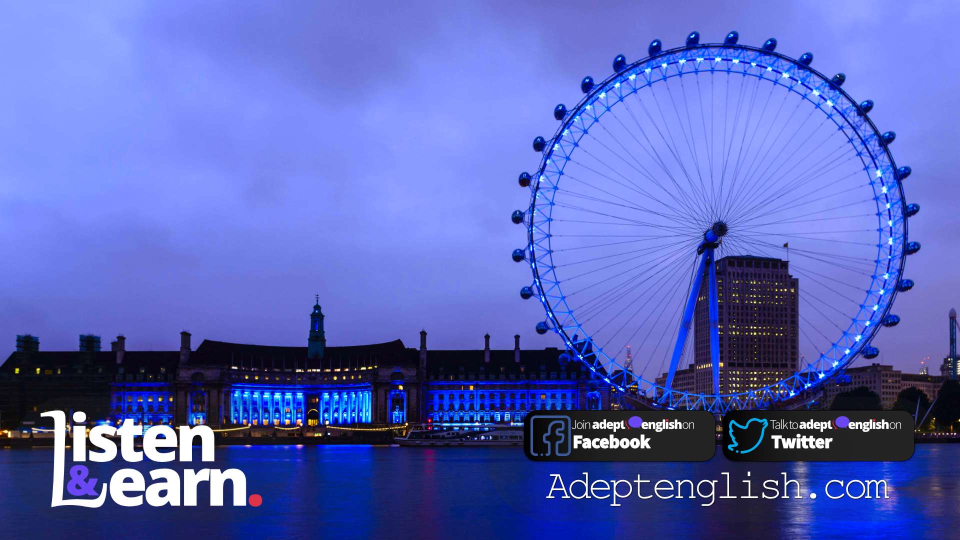 A photograph of the London Eye at night. Interesting ESL Students Podcasts for English Listening Practice.
