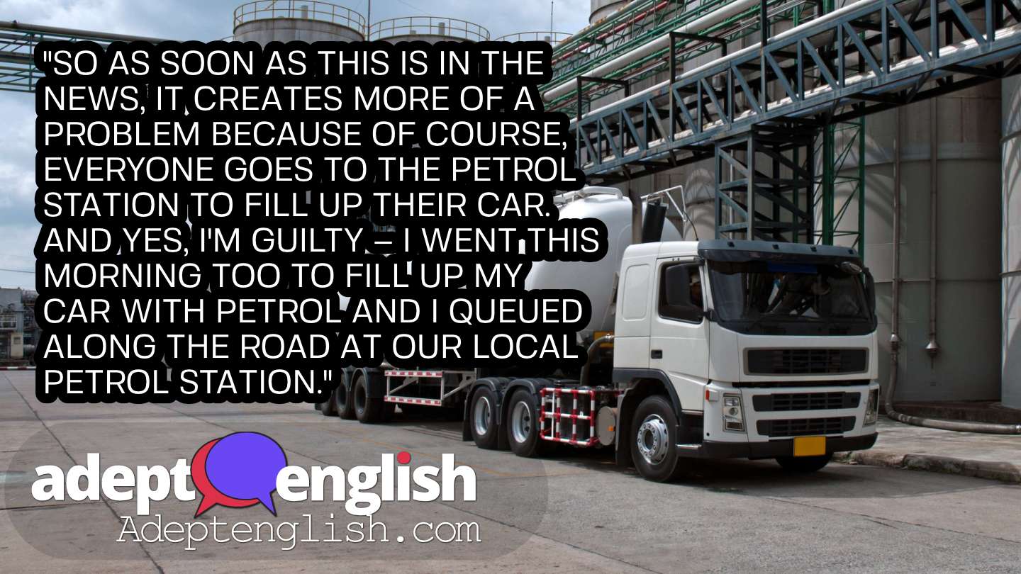 A photograph of a petrol tanker in petrochemical plant. UK Just in time delivery of critical supplies is failing in this English listening practice lesson.