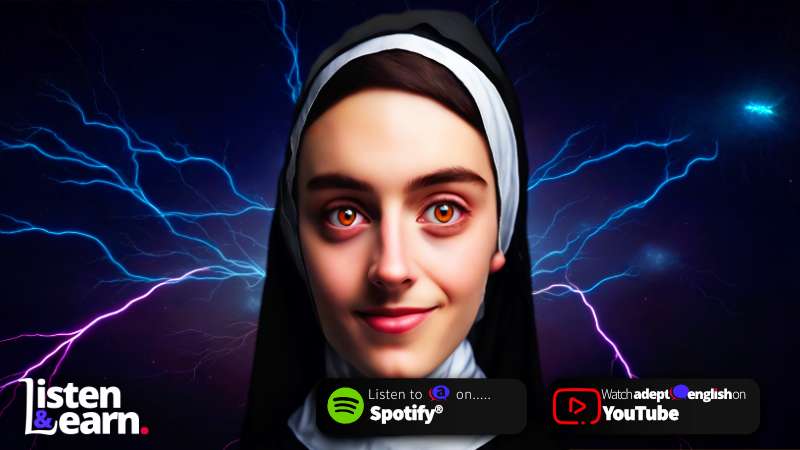 An image of a smart sassy AI nun hero. Unleash the power of your brain while you learn English! Tune into our podcast on Spotify, watch on YouTube.